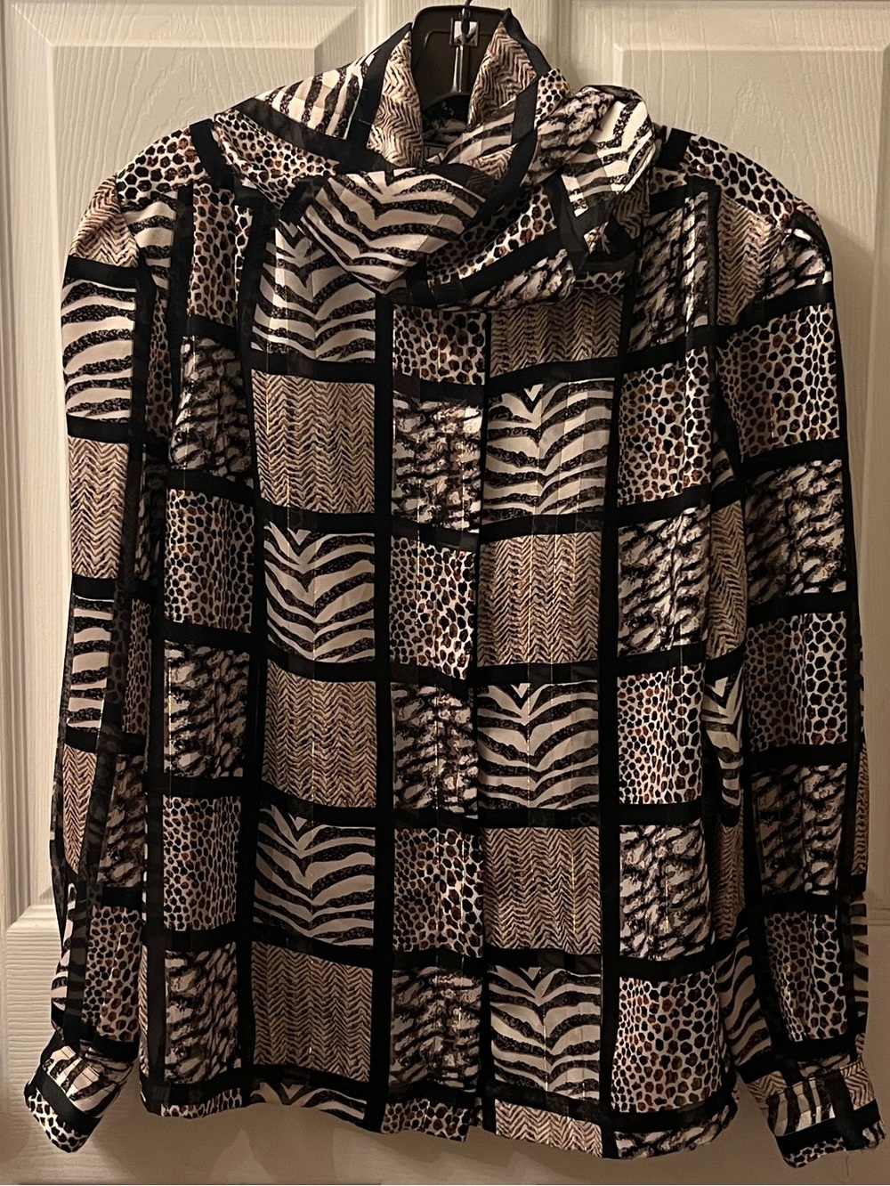 VTG 80s La Chine Classic Animal Print Scarf Blouse Patchwork Mixed Pattern M